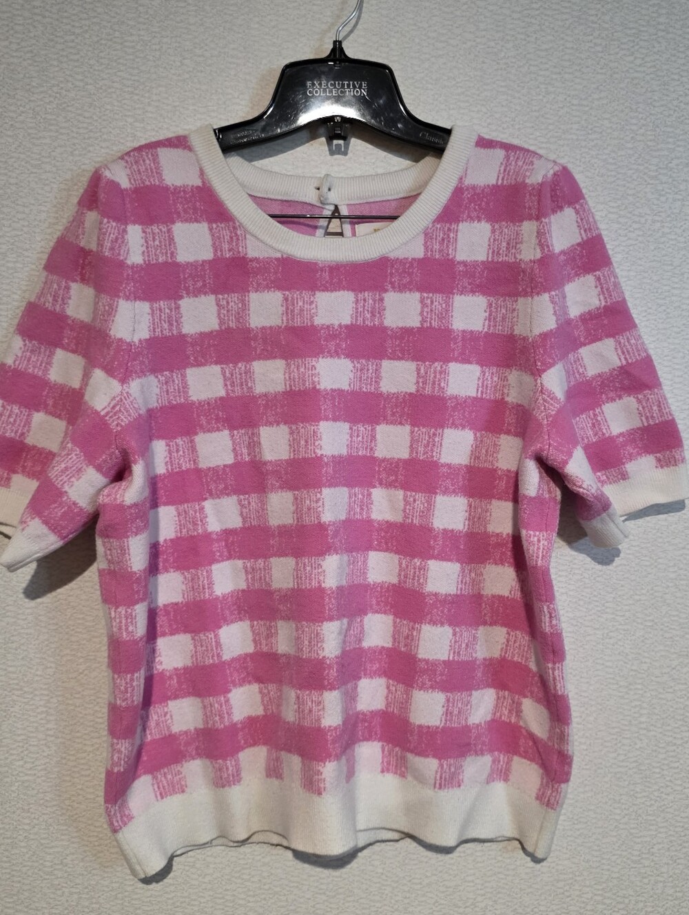 Maeve Anthropologie Pink White Gingham Knit Sweater Xtra Large